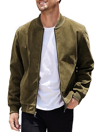 COOFANDY Herren Casual Varsity Jacke Vintage Leichte Wildleder Bomberjacken, Grün, L von COOFANDY