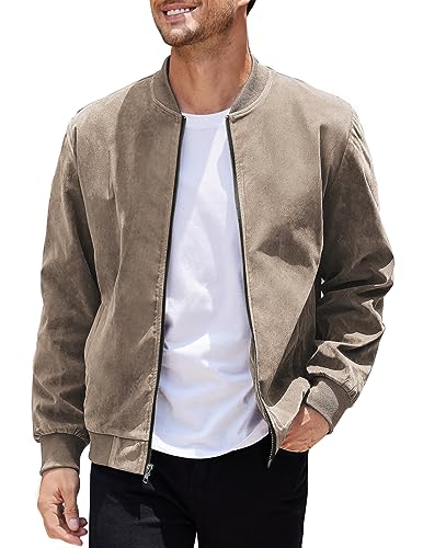 COOFANDY Herren Casual Varsity Jacke Vintage Leichte Wildleder Bomberjacken, Khaki, M von COOFANDY