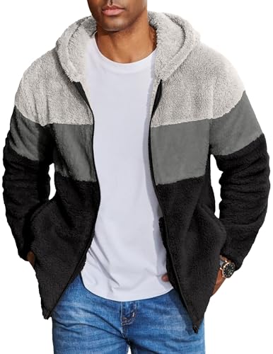 COOFANDY Herren Winter Jacke Fleece Kapuzenjacke Outdoor Blousen Patchwork Männer Jacket Hell Grau+Dunkel Grau+Schwarz XL von COOFANDY