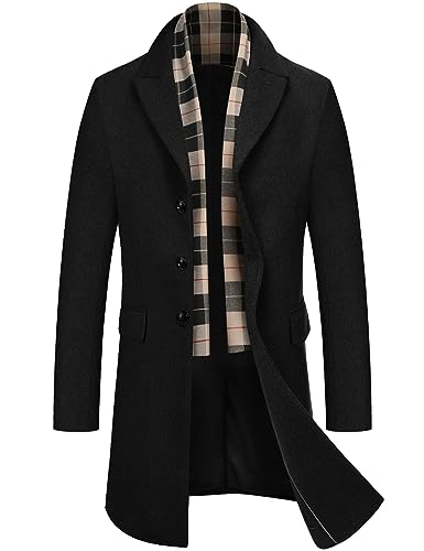 COOFANDY Herren Wintermantel Wollmantel Mantel Business Lange Trenchcoat Jacken Winterjacke Lässige Windjacke Reversjacke mit Gekerbtem Kragen, Einreihiger Cabanmantel Schwarz S von COOFANDY