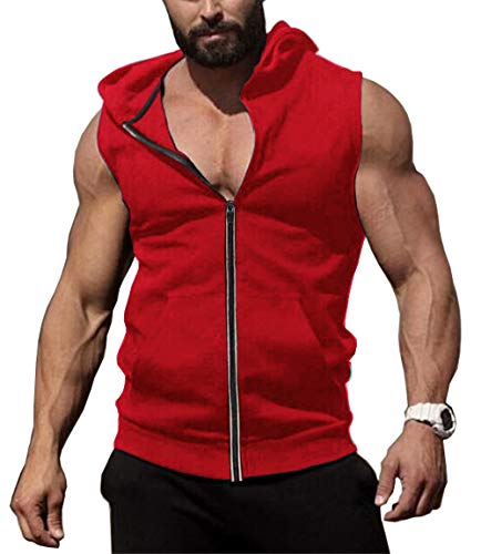 COOFANDY Herren-Tanktop mit Kapuze und Reißverschluss, Bodybuilding, Fitness, Muskel-T-Shirt, ärmellos, Fitness-Kapuzenpullover, Rot/Ausflug, einfarbig (Getaway Solids), L von COOFANDY