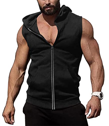 COOFANDY Herren Workout Hooded Tank Tops Zip Up Muscle Bodybuilding Fitness Shirt Sleeveless Gym Hoodies, Schwarz, XL von COOFANDY