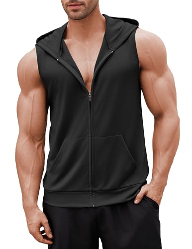 COOFANDY Herren Workout-Kapuzen-Tank-Top, 2er-Pack, mit Reißverschluss, ärmellos, Fitness-Shirts, Muskel-Cut-Off-T-Shirt, Bodybuilding-Kapuzenpullover, Schwarz, XX-Large von COOFANDY