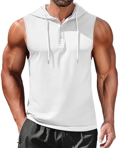 COOFANDY Herren Workout Kapuzen-Tanktop ärmellos Gym Hoodies Baumwolle Muscle Cut Off Shirt Bodybuilding Henley Shirts, Weiss/opulenter Garten, XL von COOFANDY