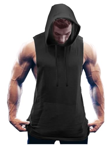 COOFANDY Herren Workout Kapuzenpullover Bodybuilding Muscle Cut Off T-Shirt ärmellos Gym Hoodies, schwarz, X-Groß von COOFANDY