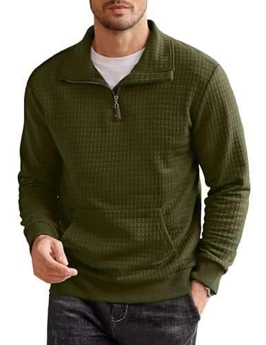 COOFANDY Herren Pullover mit Reißverschluss Waffel Casual Pullover Ohne Kapuze Winter Herren mit Taschen Armee Grün XL von COOFANDY