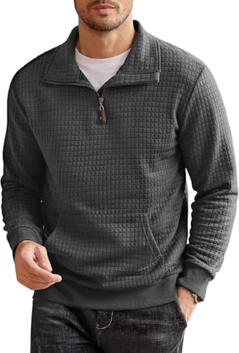 COOFANDY Herren Pullover mit Reißverschluss Waffel Casual Pullover Ohne Kapuze Winter Herren mit Taschen Dunkelgrau L von COOFANDY