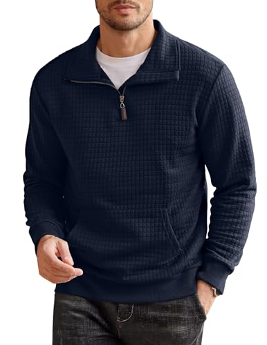 COOFANDY Herren Pullover mit Reißverschluss Waffel Casual Pullover Ohne Kapuze Winter Herren mit Taschen Marineblau M von COOFANDY