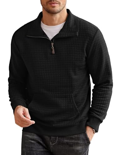 COOFANDY Herren Pullover mit Reißverschluss Waffel Casual Pullover Ohne Kapuze Winter Herren mit Taschen Schwarz XL von COOFANDY