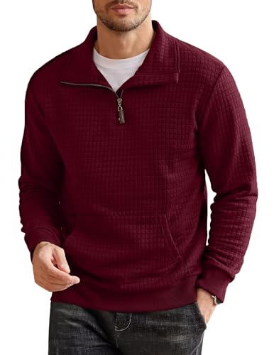 COOFANDY Herren Pullover mit Reißverschluss Waffel Casual Pullover Ohne Kapuze Winter Herren mit Taschen Weinrot L von COOFANDY