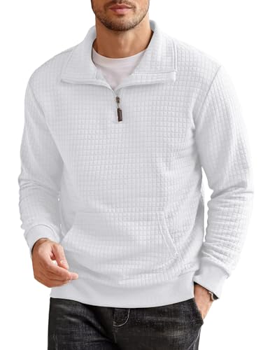 COOFANDY Herren Pullover mit Reißverschluss Waffel Casual Pullover Ohne Kapuze Winter Herren mit Taschen Weiß XL von COOFANDY