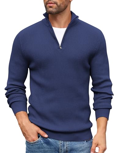 COOFANDY Herren Zip Pullover Rollkragenpullover Strickpullover Pullover mit Stehkragen Arbeitspullover Rollkragen Pullover Feinstrickpullover Business Pullover Navy Blau XXL von COOFANDY