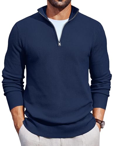 COOFANDY Herren Zip Pullover Rollkragenpullover Strickpullover Zip Pullover mit Stehkragen Troyer Winterpullover Arbeitspullover Navy Blau M von COOFANDY