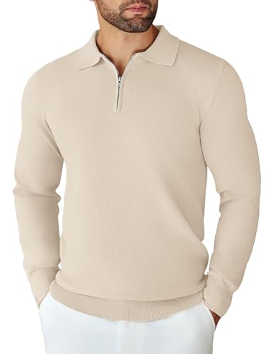 COOFANDY Herren Zip Pullover mit Polokragen Strickpullover Business Polo Pullover Männer Winterpullover Einfarbig Pulli Poloshirt Cremebeige M von COOFANDY
