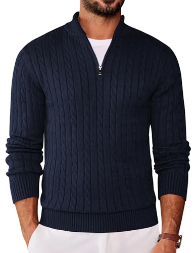 COOFANDY Herren Zopfmuster Pullover Mann Stehkragen Strickpullover Zip High Neck Pullover Navy Blau XXL von COOFANDY