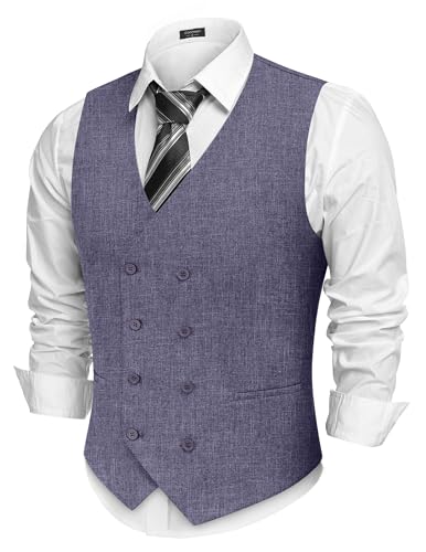 COOFANDY Herren Zweireihige Anzugweste Leichte Weste Slim Fit Kleid Weste, Blau / Violett, Medium von COOFANDY