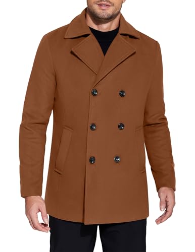 COOFANDY Herren Zweireihiger Erbsenmantel Wintermantel Kurzer Trenchcoat Kerbkragen, Braun, L von COOFANDY