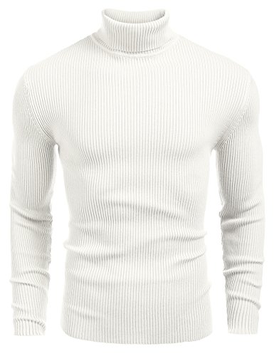 COOFANDY Herren Strickpullover gerippt, schmale Passform, lässiger Rollkragenpullover, Weiss/opulenter Garten, L von COOFANDY