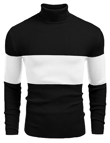 COOFANDY Herren gerippter Slim Fit Strickpullover Rollkragenpullover, Weiß & Schwarz, XX-Large von COOFANDY