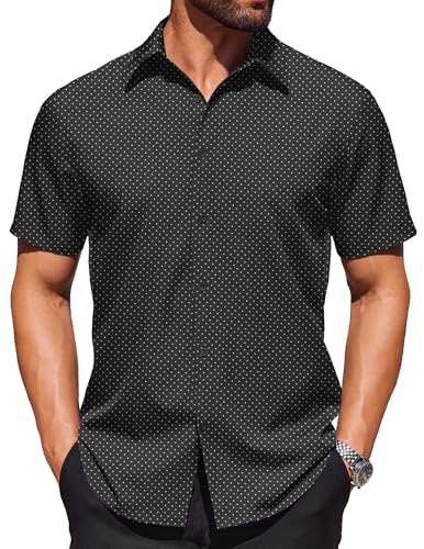 COOFANDY Herrenhemd, kurzärmelig, knöpfbar, knitterfrei, Sommer, Business, Freizeithemd, Schwarz mit Punkten, Mittel von COOFANDY