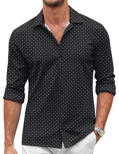 COOFANDY Herrenhemd, lässig, Knopfleiste, knitterfrei, langärmelig, Weiße Punkte, Schwarz, XX-Large von COOFANDY