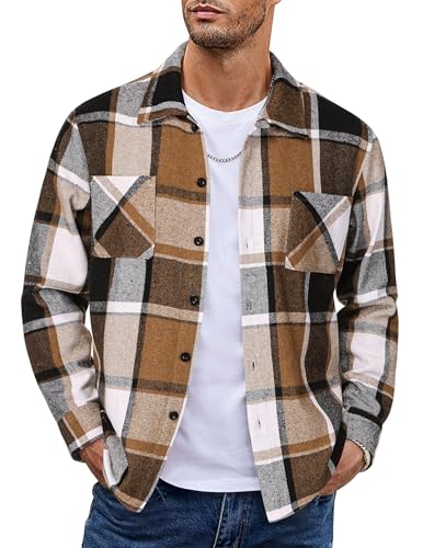 COOFANDY Herrenhemd Flanellhemd Kariert Langarmhemd Lässig Button Down Freizeithemd Regular Fit Hemden mit Brusttasche Khaki Grau L von COOFANDY