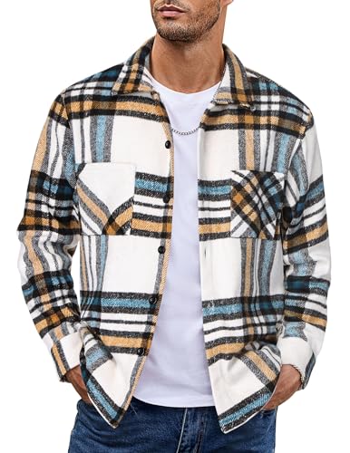COOFANDY Herrenhemd Flanellhemd Kariert Langarmhemd Lässig Button Down Freizeithemd Regular Fit Hemden mit Brusttasche Weiß Blau M von COOFANDY