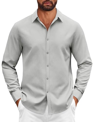 COOFANDY Herrenhemd Freizeit Langarm Regular Fit Baumwolle Stretch Hochzeit Oxford Anzug Hemd Hell Grau L von COOFANDY