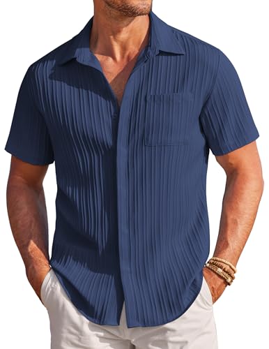 COOFANDY Herrenhemd Kurzarm Bügelfrei Sommerhemd Textured Freizeithemden für Herren Strandhemd mit Brusttasche Regular Fit Navyblau M von COOFANDY