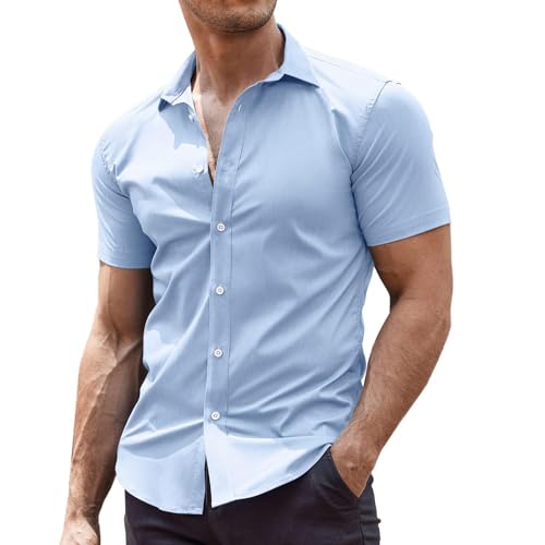 COOFANDY Herrenhemd Kurzarm Casual Regular Fit Herren Hemd Kurzarm Sommerhemd Businesshemd Freizeithemden Einfarbig Faltenfrei Formales Hemd Hellblau 3XL von COOFANDY