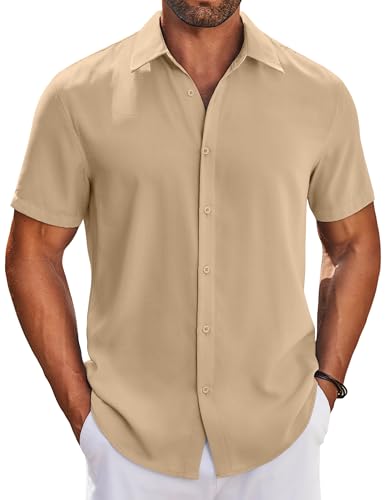 COOFANDY Sommerhemden Herren Kurzarm Freizeithemd Sommerhemd Bügelfrei Herren Strandhemd Button Down Shirt Beige XXL von COOFANDY