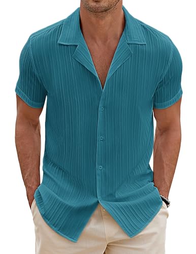 COOFANDY Herrenhemd Kurzarm Gestreiftes Textured Sommerhemd Einfarbig Kuba Shirt Hawaii Männer Hemd Freizeithemd Beach Outfit Blau Grün M von COOFANDY