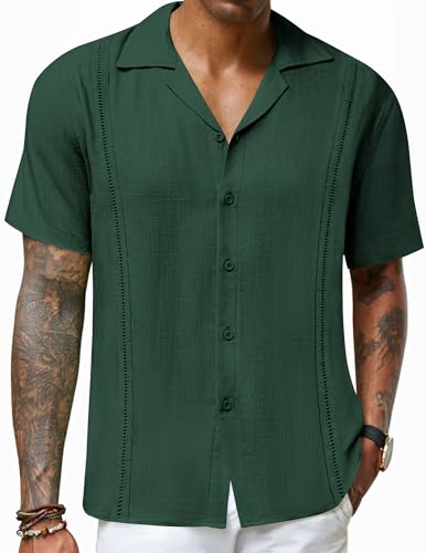 COOFANDY Herrenhemd Kurzarm Guayabera Hemd Leinen Freizeithemden Herren Cuban Beach Hemden Strand Sommer Grün S von COOFANDY