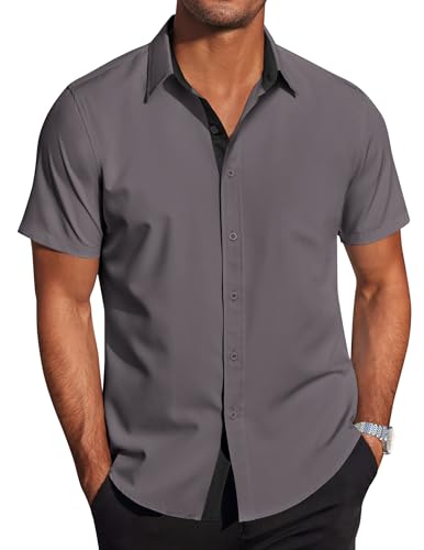 COOFANDY Herrenhemd Kurzarm Hemd Herren Kurzarm Leicht Sommerhemd Regular Fit Kurzarmhemd Freizeithemden Businesshemd Stretch Button Down Hemd Dunkelgrau M von COOFANDY