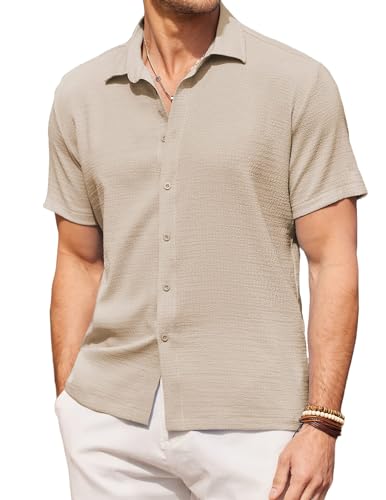 COOFANDY Herrenhemd Kurzarm Hemd Sommer Herren Kurzarmhemden Leichtes Sommerhemd Freizeithemd Strand Hemd Basic-Shirt Urlaubshemd Sommer Shirt Helles Khaki XL von COOFANDY