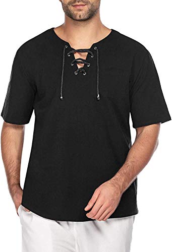 COOFANDY Herrenhemd Kurzarm Herren LeinenShirt Mittelalter Mit Schnürung Regular Fit Baumwolle T-Shirt Sommer Yoga Shirt v-Ausschnitt 70-schwarz XL von COOFANDY