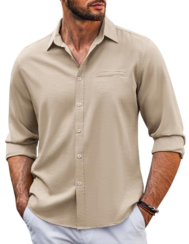 COOFANDY Herrenhemd Langarm Freizeithemden mit Brusttasche Leinenhemd Sommerhemd Button Down Bluse Langarmshirt Basic Hemd Khaki XL von COOFANDY