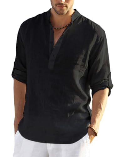 COOFANDY Herrenhemd Leinenhemd Regular Fit Sommerhemd Baumwolle Linen Shirt Sommer Strand Casual Stehkragen Hemden Schwarz XL von COOFANDY