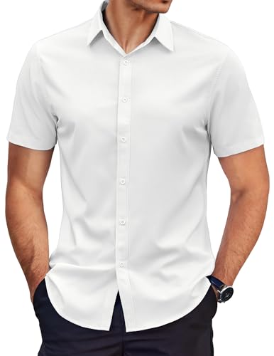 COOFANDY Herrenhemden, kurzärmelig, normale Passform, knitterfrei, Business-Kleiderhemd, lässig, Button-Down-Shirt, Weiss/opulenter Garten, L von COOFANDY