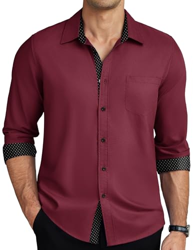 COOFANDY Herrenhemden, langärmelig, Knopfleiste, knitterfrei, Business-Hemden, Freizeithemden, Weinrot, 3X-Groß von COOFANDY
