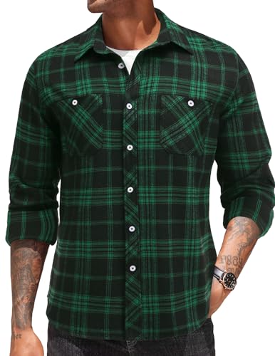 COOFANDY Herren Hemden Flanellhemd Langarm Kariertes Freizeithemd Holzfällerhemd Karohemd mit Taschen Check Shirt Arbeitshemd Schwarz & Grün M von COOFANDY