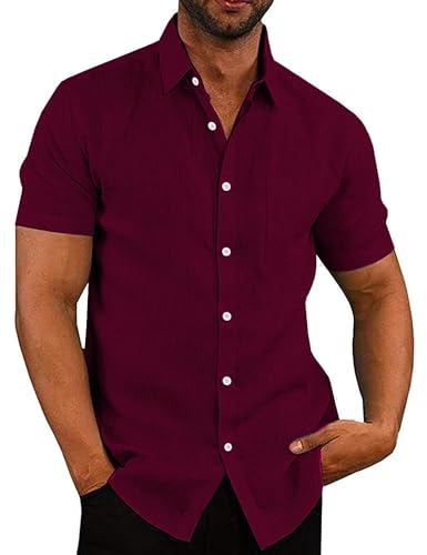 COOFANDY Herrenhemden Kurzarm Herren Leinenhemd Leinen Sommerhemd Kurzarmhemd Einfarbig Basic Shirt Freizeithemd Urlaub Weinrot 2XL von COOFANDY