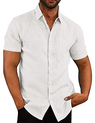 COOFANDY Herrenhemden Kurzarm Herren Leinenhemd Leinen Sommerhemd Kurzarmhemd Einfarbig Basic Shirt Freizeithemd Urlaub Weiss 2XL von COOFANDY