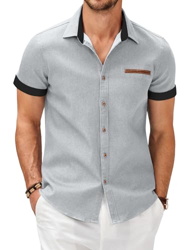 COOFANDY Herrenhemden Kurzarm Jeanshemd Denimhemd Kurzarm Sommerhemd Kurzarmhemd Denim Shirt Hemden Herren Freizeithemd Strand Hemd Hellgrau A 3XL von COOFANDY
