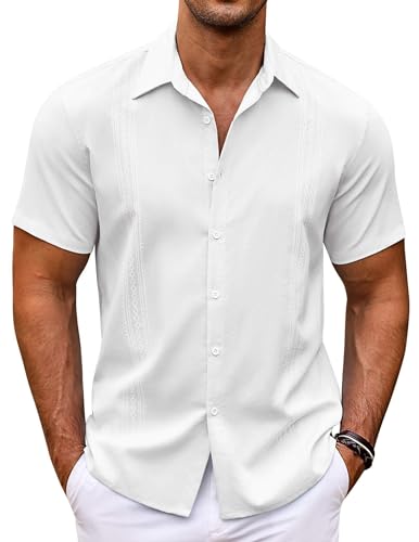 COOFANDY Herrenhemden Kurzarm Sommer Einfarbiges Freizeit Hemd Slim Fit Button Down Shirt Weiß L von COOFANDY