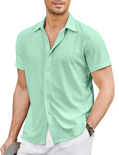 COOFANDY Herrenhemden Kurzarm Sommerhemd Urlaub Hemd Reise Shirt Regular Fit Freizeithemden Ausgefallene Hemden Button Down Hemden Solid Strandhemd Minzgrün L von COOFANDY