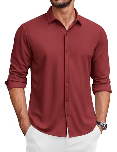 COOFANDY Herrenhemden Langarm Business Hemd Herren Bügelfrei Freizeithemd Slim Fit Button Down Hemd Weinrot XXL von COOFANDY
