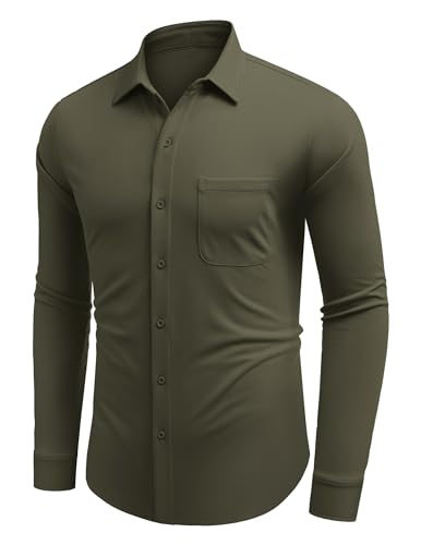 COOFANDY Herrenhemden Langarm Freizeithemd Kent-Kragen Hemd Herren Regular Fit Männer Oberteil mit Tasche Button Down Casual Armeegrün XXL von COOFANDY