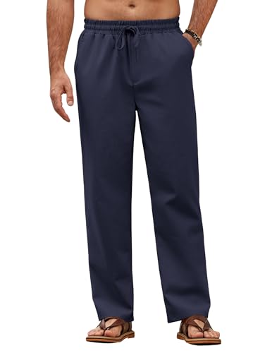 COOFANDY Herrenhose Sommer Lang Leicht Freizeithose Baggy Hose Yoga Urlaub Strandhose mit Kordelzug Marine Blau XXL von COOFANDY