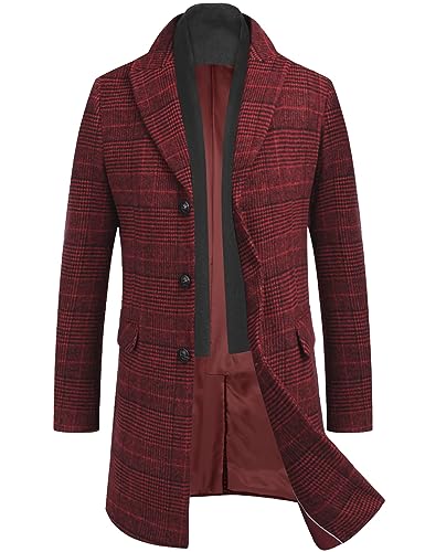 COOFANDY Mantel Herren Lang Wintermantel Kurzmantel Herrenmantel Winterjacke mit Gekerbtem Kragen, einreihiger Cabanmantel Trenchcoat Lässige Windjacke Reversjacke Kariert-Rot XXL von COOFANDY
